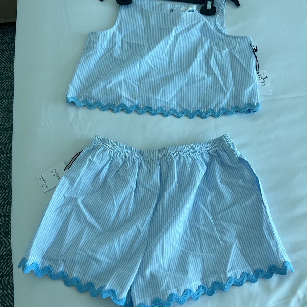 J. Crew Style Light Blue Searsucker Striped Cotton Shorts & Top Summer Set